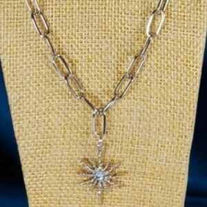 White Gold Paperclip Necklace Starburst Pendant Cosmic Astrology New Age Grunge